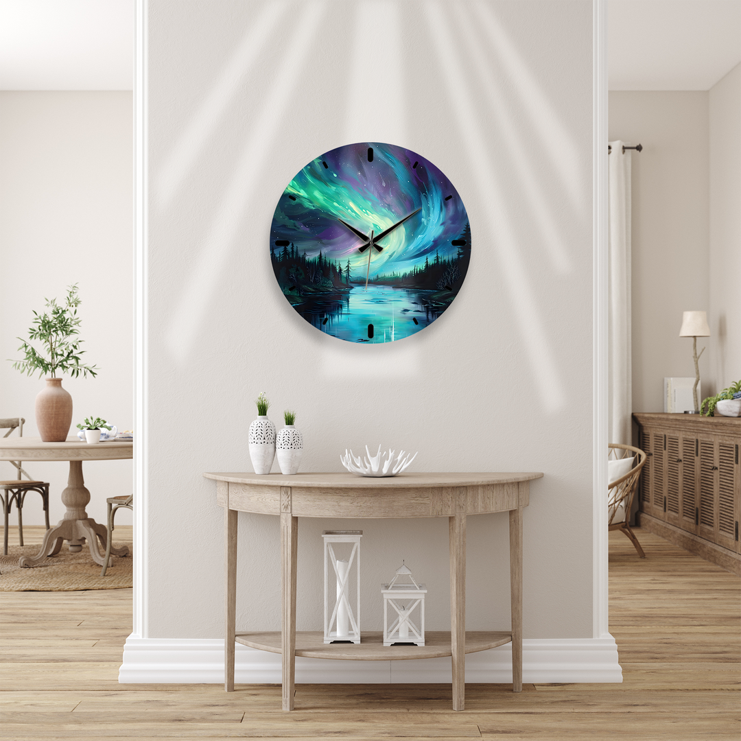 Northern Lights Glass Wall Clock – Aurora Borealis Decor