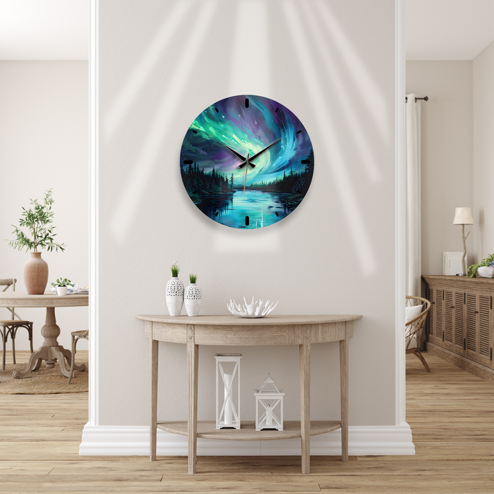 Northern Lights Glass Wall Clock – Aurora Borealis Decor