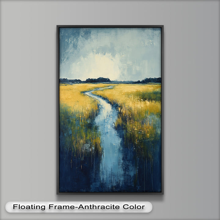 Golden Fields and Blue Stream – Contemporary Landscape Oil Painting