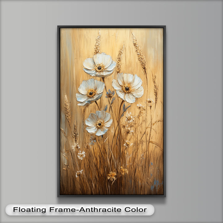 White Wildflowers in Wheat Field - Oil Painting