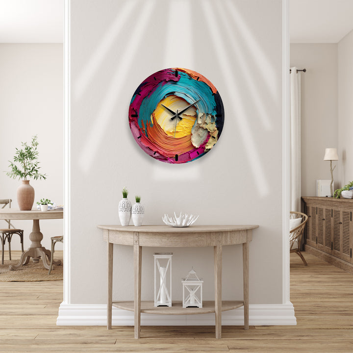 Colorful Abstract Glass Wall Clock – Vibrant Impasto Swirl Art