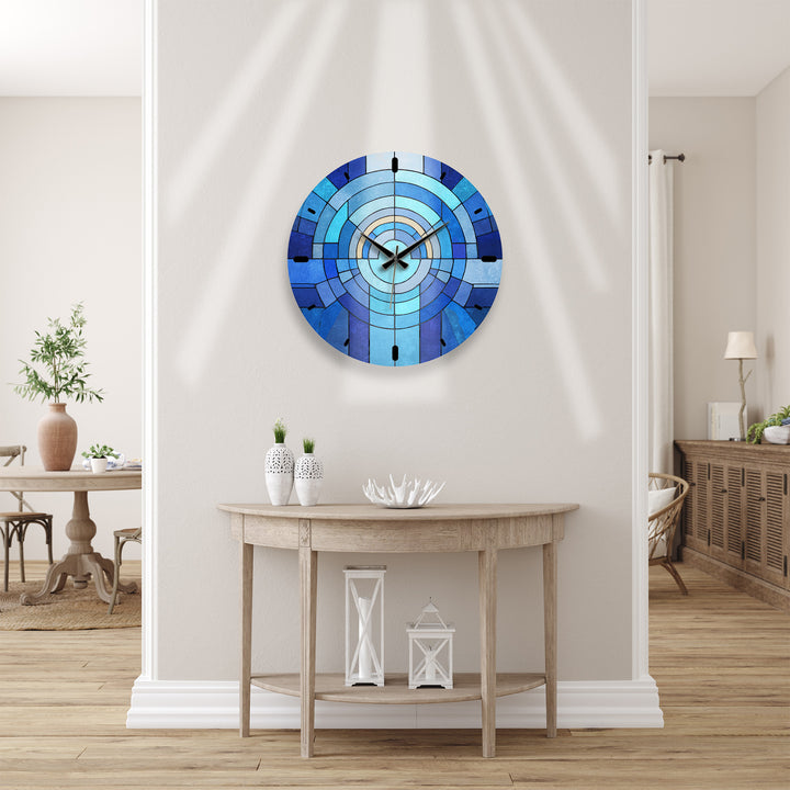 Blaue geometrische Glas-Wanduhr – Dekor im Buntglas-Stil