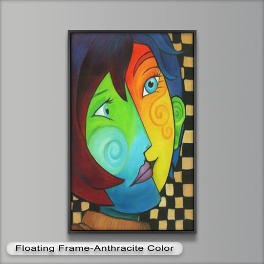 Emanating a sense of swirling motion, the vibrant colors in this surreal Picasso oil painting decoration give the 'Colorful Duality' portrait a dynamic, Cubist energy.
