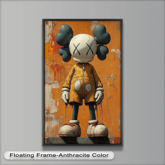 Brooding and intense, the distressed orange KAWS Companion oil painting radiates a rebellious mood through gritty textures in this modern oil painting art prints piece.