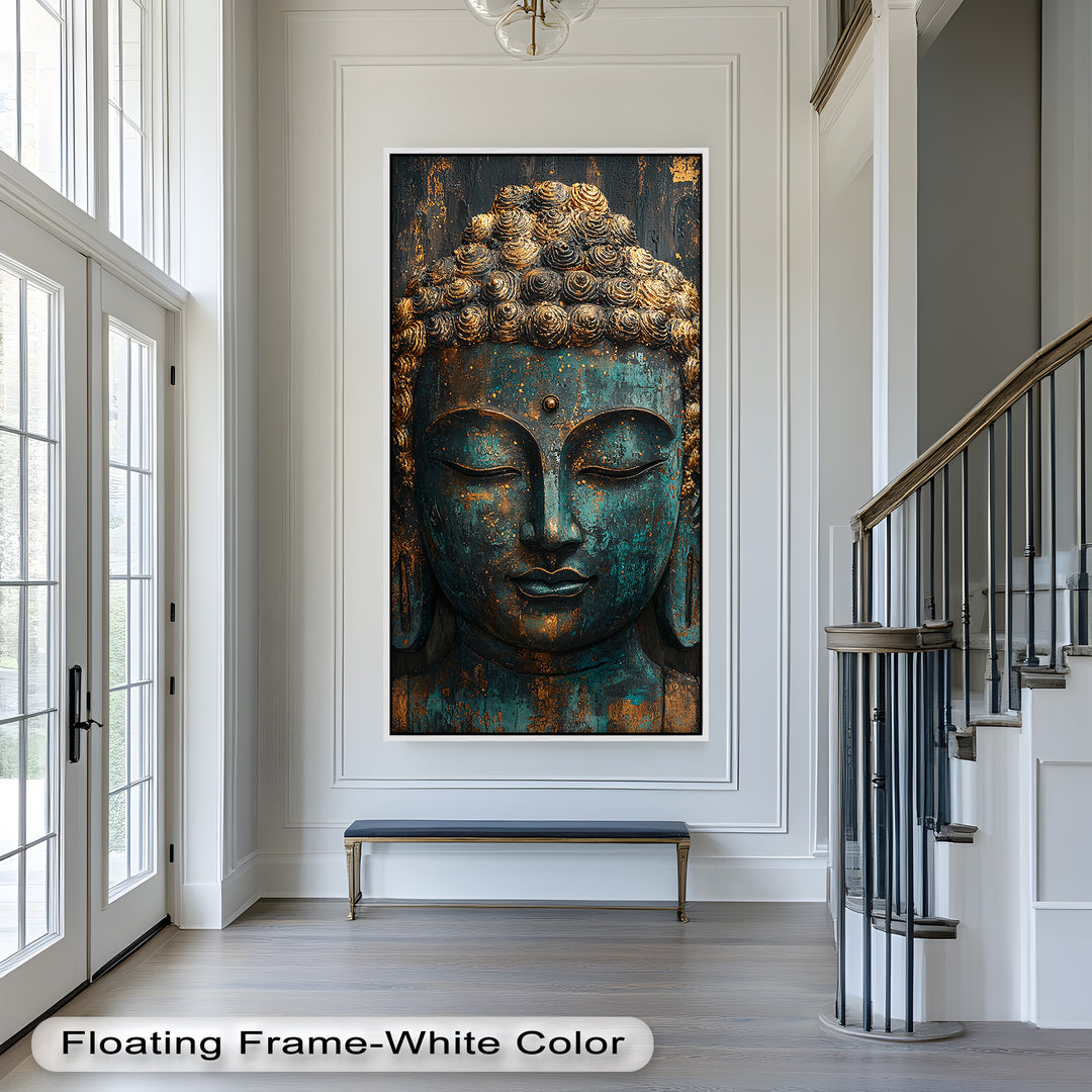 A weathered turquoise and gold Buddha sculpture with closed eyes, radiating peace and spiritual serenity.
