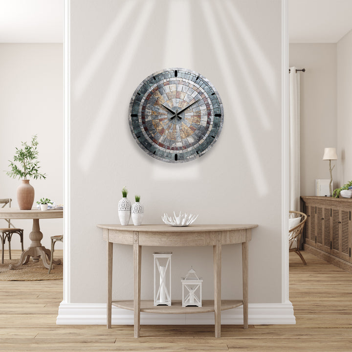 Stone Mosaic Glass Wall Clock – Rustic Geometric Decor