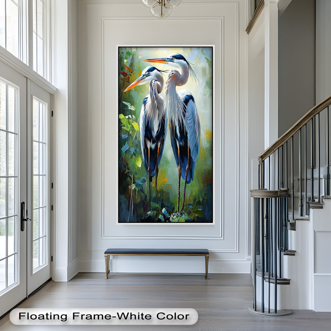 Two Herons Among Verdant Shadows - Animal Oil Painting