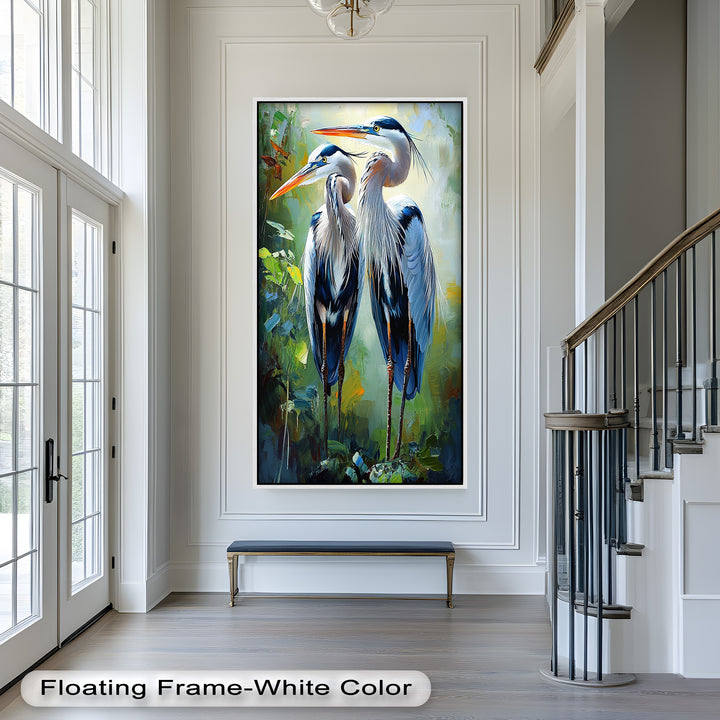 Two Herons Among Verdant Shadows - Animal Oil Painting