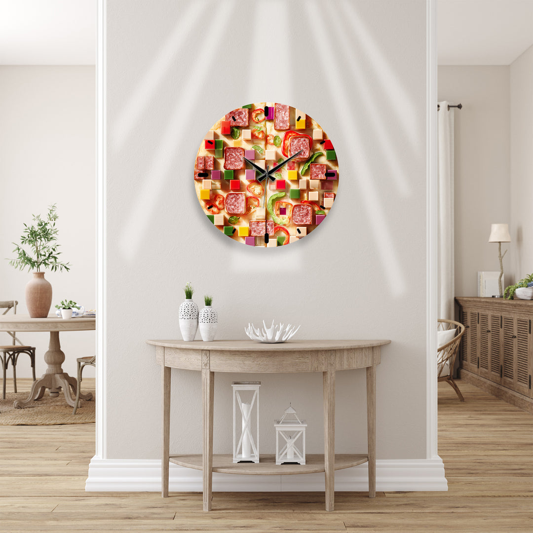 Pizza Glass Wall Clock – Colorful Kitchen Food Decor