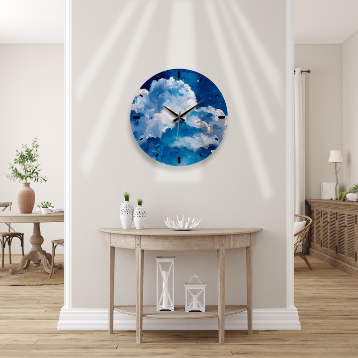 Blaue Wolke Glaswanduhr – abstrakte Himmelswanddekoration