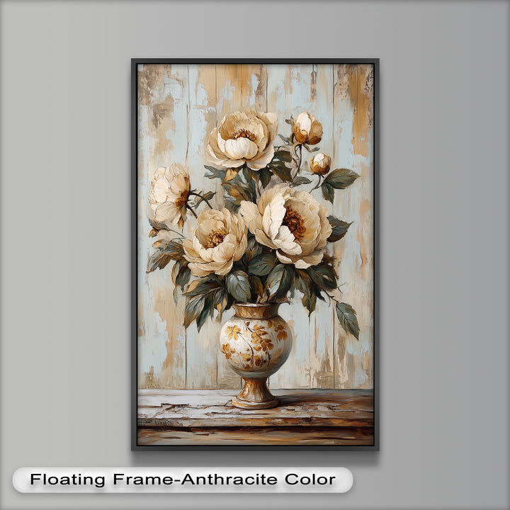 Cremefarbene Pfingstrosen in verzierter Vase - Blumenölgemälde