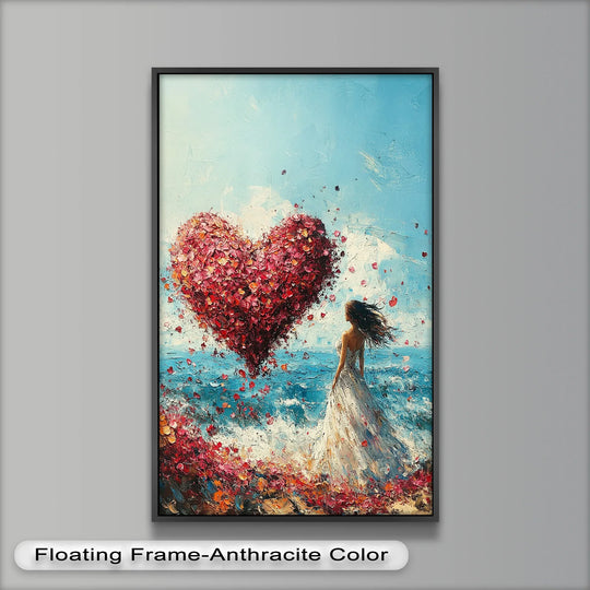 Displaying the realistic detail, the oil painting reproduction print showcases a woman gazing at a heart formed by flower petals hovering above a textured sea.