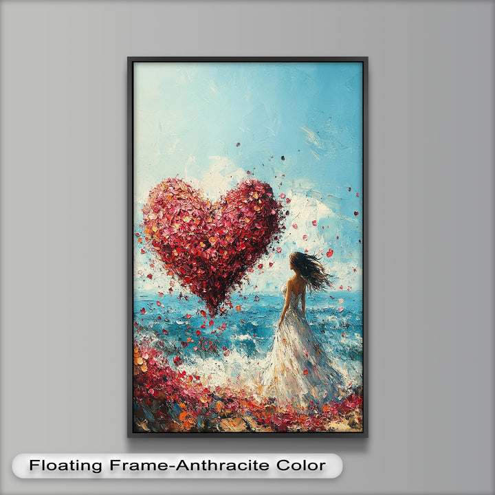 Woman with Heart-Shaped Petals Over the Sea - Love Oil Painting