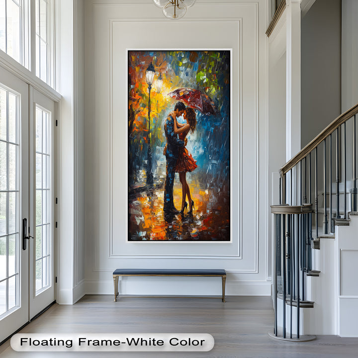 Embrace in Autumn Rain – Passionate Love Oil Painting