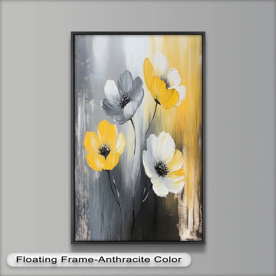 The realistic detail showcases the textured brushstrokes of the Golden Harmony oil painting art piece, depicting yellow and white floral blooms with exceptional clarity.