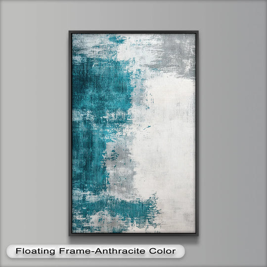 Vertical, rectangular Echoes of Stillness abstract oil painting features a minimalist design, blending teal and gray hues as modern oil painting art.