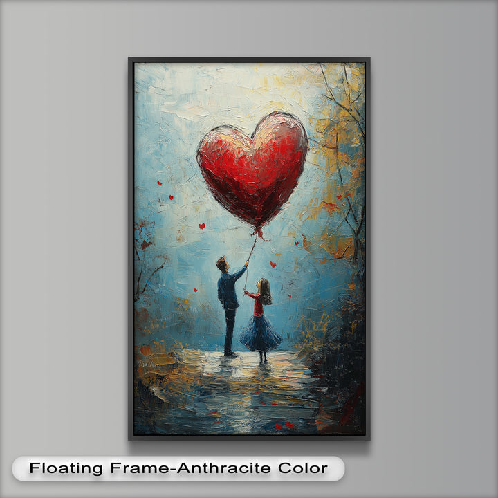 Romantic Red Heart Balloon Scene - Love Oil Painting