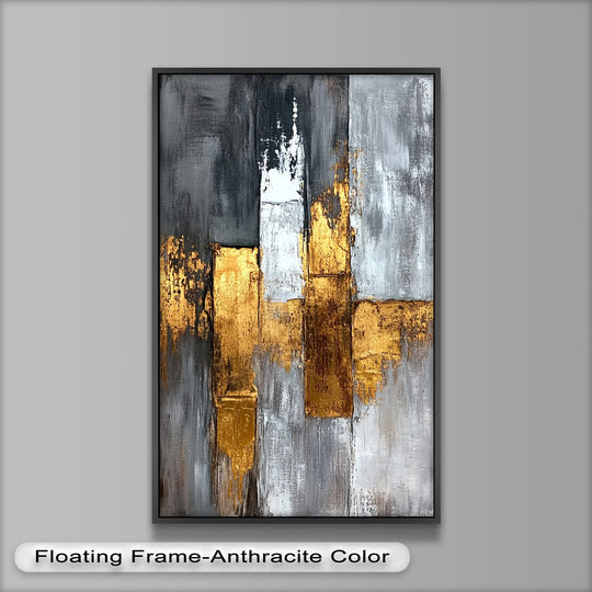 Featuring a floating anthracite frame, this abstract oil painting art prints showcases gold and charcoal geometric shapes within its defined borders.