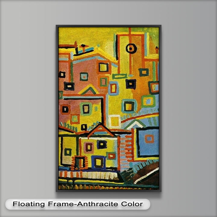 A playful, cubist-style painting of houses stacked atop one another, rendered in bright colors and rhythmic shapes.