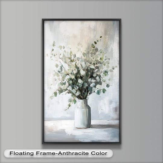 Muted color saturation accentuates the neutral tones and minimalist greenery, portraying a modern oil painting art piece of eucalyptus in a ceramic vase.