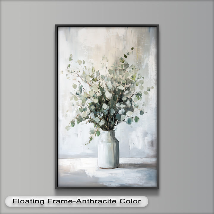 Eucalyptus Essence – Minimalist Greenery in Ceramic Vase Oil Painting