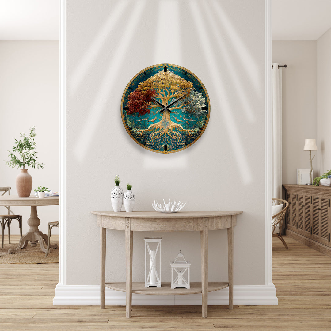 Four Seasons Tree of Life Glass Wall Clock – Botanical Decor
