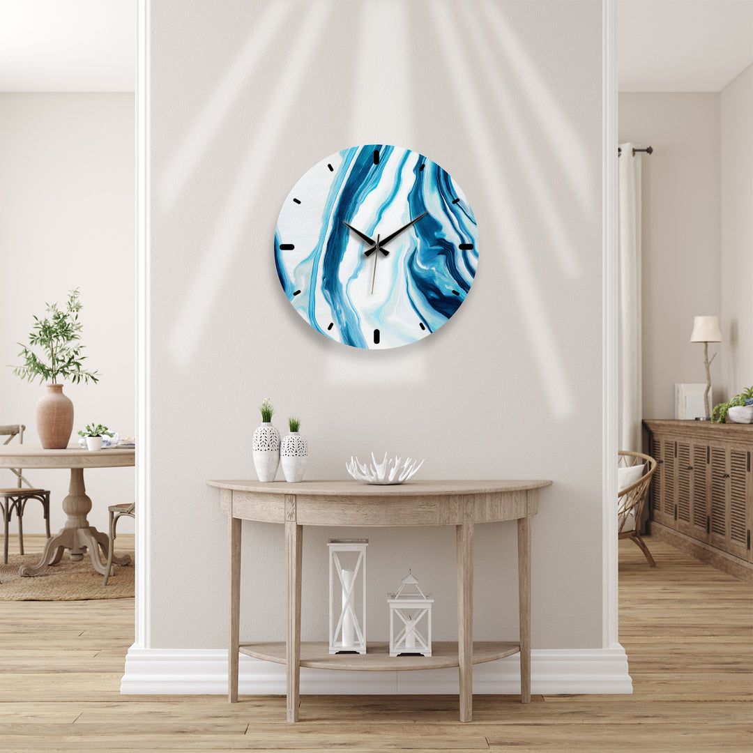 Blaue Marmorglas-Wanduhr – modernes blau-weißes Dekor