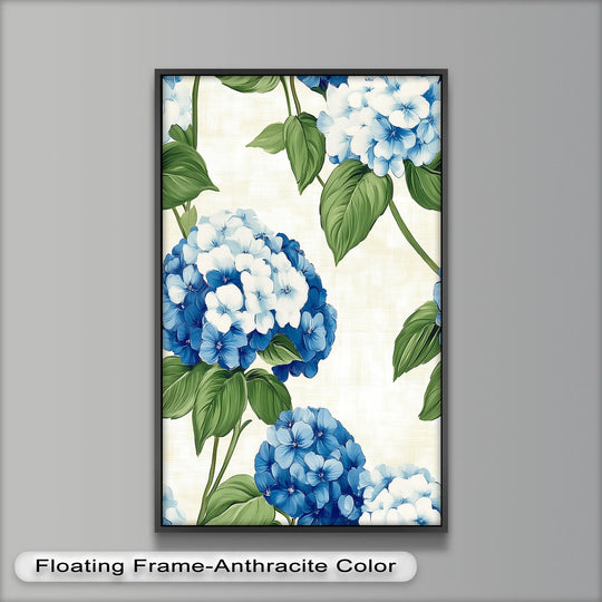 The darkest area of the framed Blue and White Blooming oil painting highlights the rich texture and brushstrokes that bring this floral oil painting art piece to life.
