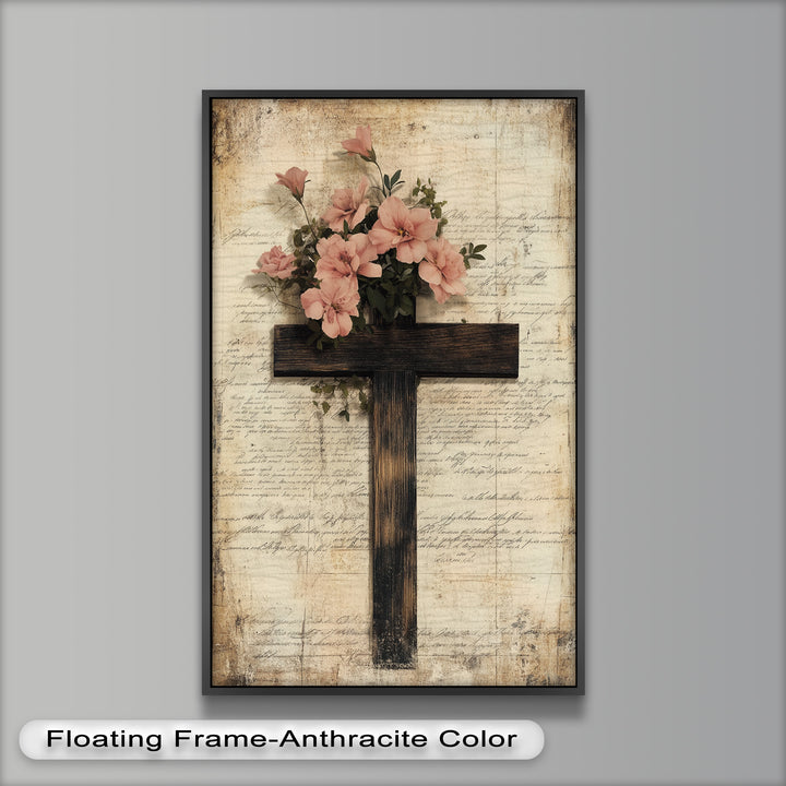 Holzkreuz mit rosa Blüten - Christliches Ölgemälde