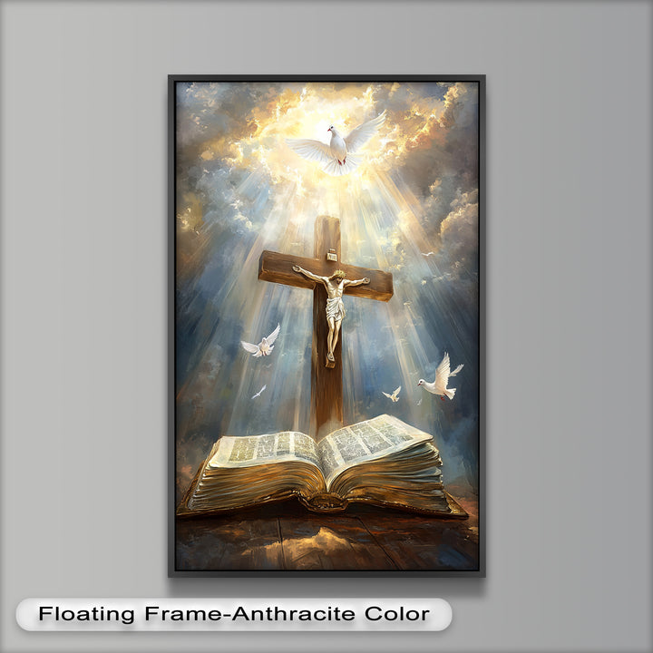 Jesus on the Cross with Open Bible and Doves - Oil Painting