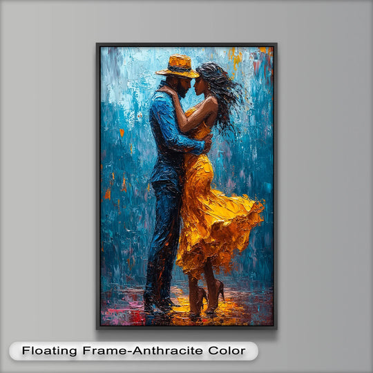 Evoking a mood of intimacy and passion, the vivid Midnight Embrace oil painting captures a dancing couple in modern oil painting art, with bold colors of yellow and blue.