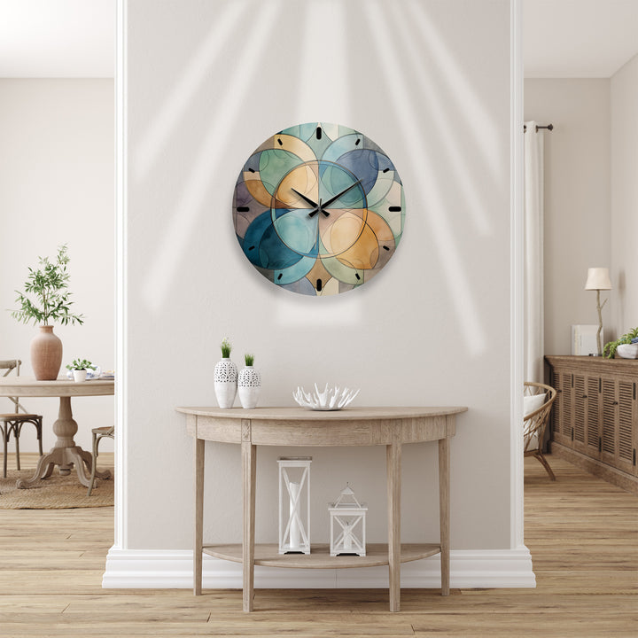 Teal Geometric Glass Wall Clock – Mid Century Abstract Decor