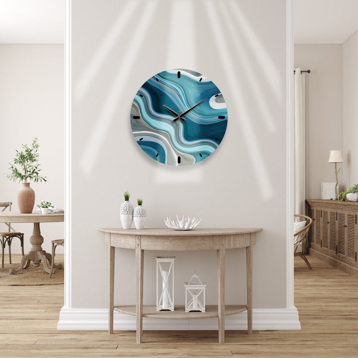 Blue Abstract Glass Wall Clock – Teal Wave Modern Decor