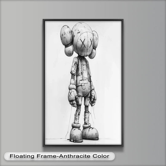 Geometric forms compose the Timber Companion in this monochrome KAWS oil painting reproduction print, highlighting the figure's distinct structure.