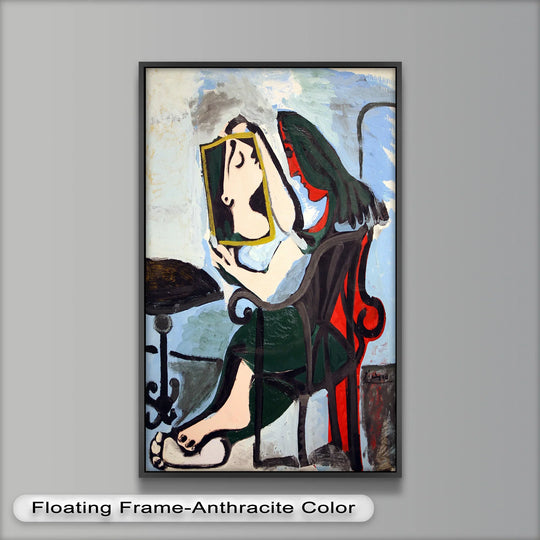 The stillness of the woman gazing in the mirror is captured in this Picasso-style modern oil painting art, reflecting a moment of quiet contemplation.