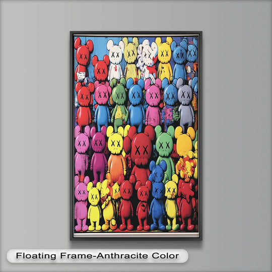 The stillness of the vibrant KAWS rainbow parade in this colorful oil painting home decor is captured in its orderly display of pop art figures.