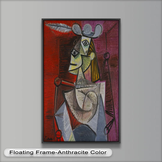 Visible brushstrokes give a tactile surface texture to this oil painting home decor, showcasing a Picasso-style cubist knight with a feathered hat in deep red and violet tones.