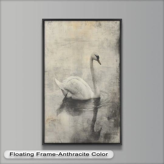 Exploring the abstract quality of 'Silent Grace,' this monochrome swan oil painting artwork presents a serene, grayscale image of a swan in still water, captivating with minimalist elegance.