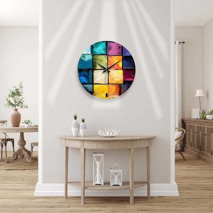 Colorful Abstract Glass Wall Clock – Textured Geometric Painting