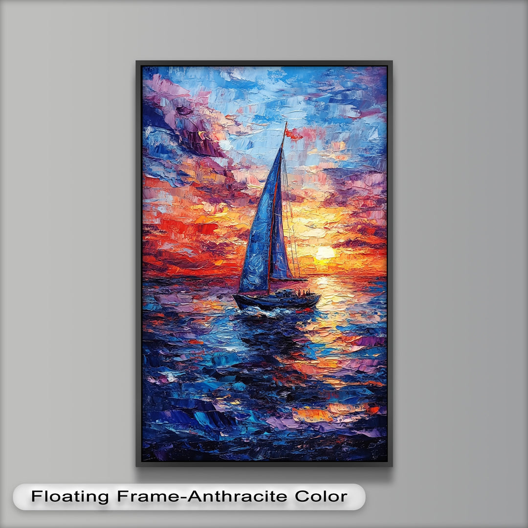 Crimson Horizon – Sunset Voyage Boat Oil Painting