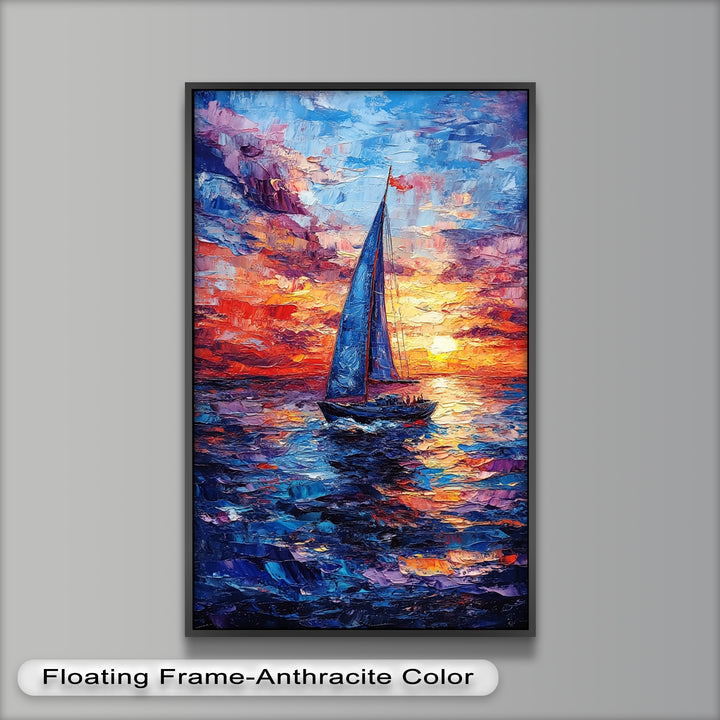 Crimson Horizon – Sunset Voyage Boat Oil Painting