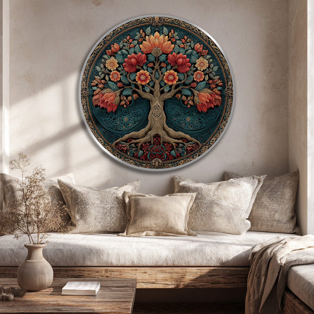 Highlighted by its darkest shaded background, this ornate bloom tree wooden oil painting artwork features detailed floral elements in a circular design.