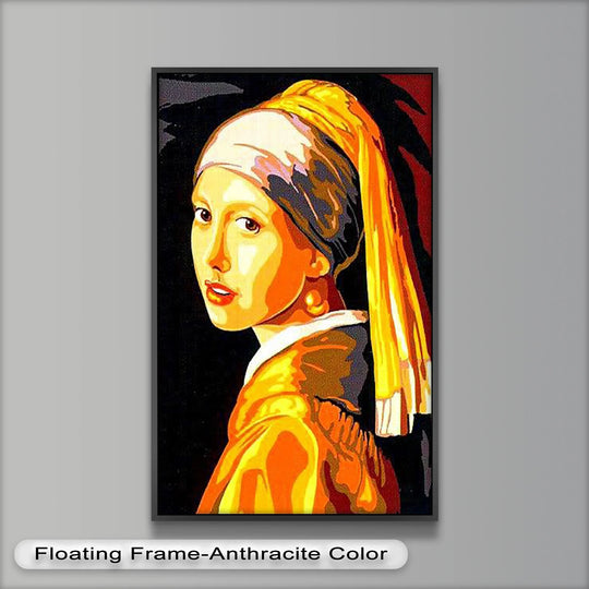 Black negative space emphasizes the vibrant colors in this modern interpretation of Girl with a Pearl Earring oil painting artwork, creating a striking contrast.