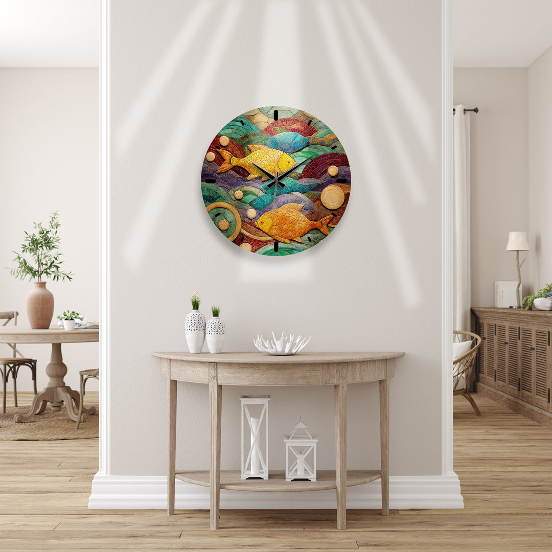 Colorful Fish Glass Wall Clock – Coastal Mosaic Art Decor