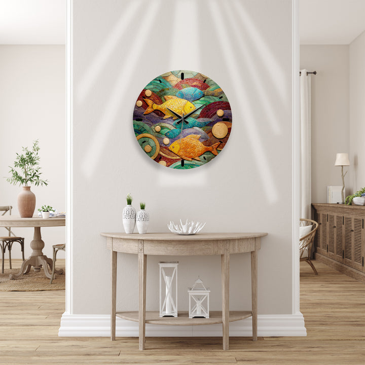 Colorful Fish Glass Wall Clock – Coastal Mosaic Art Decor