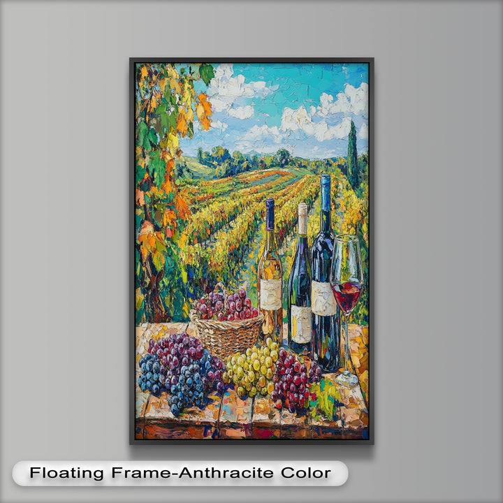 Wine Bottles and Grapes in Sunlit Fields - Still Life Oil Painting