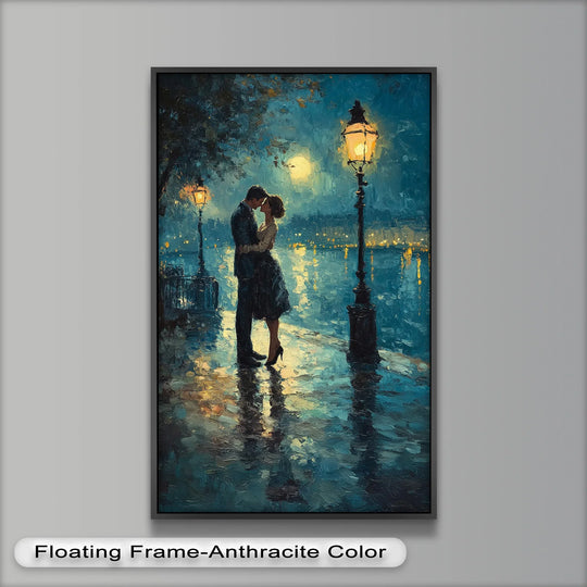 Warm color temperatures from street lamps and moonlight contrast with cool blues in this romantic couple under moonlight oil painting artwork.