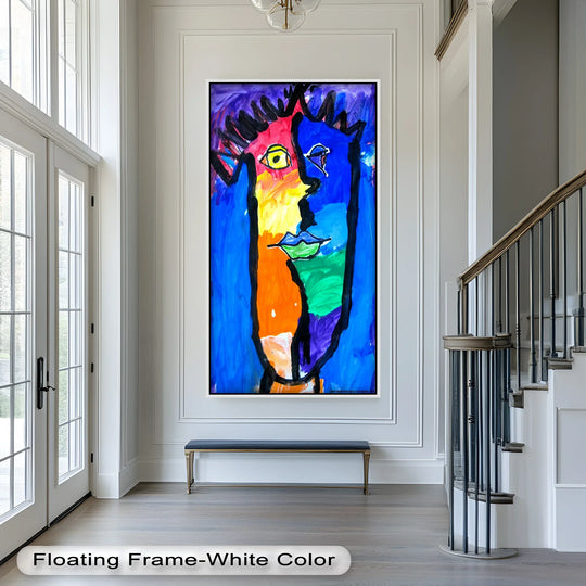 A colorful abstract face painting with bold black outlines and vivid blocks of blue, orange, green, and purple.