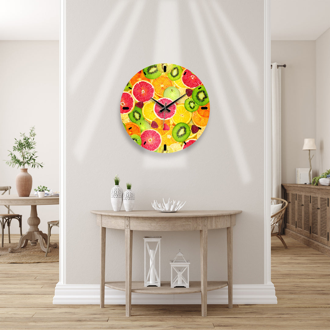 Colorful Fruit Glass Wall Clock – Citrus Kitchen Wall Decor