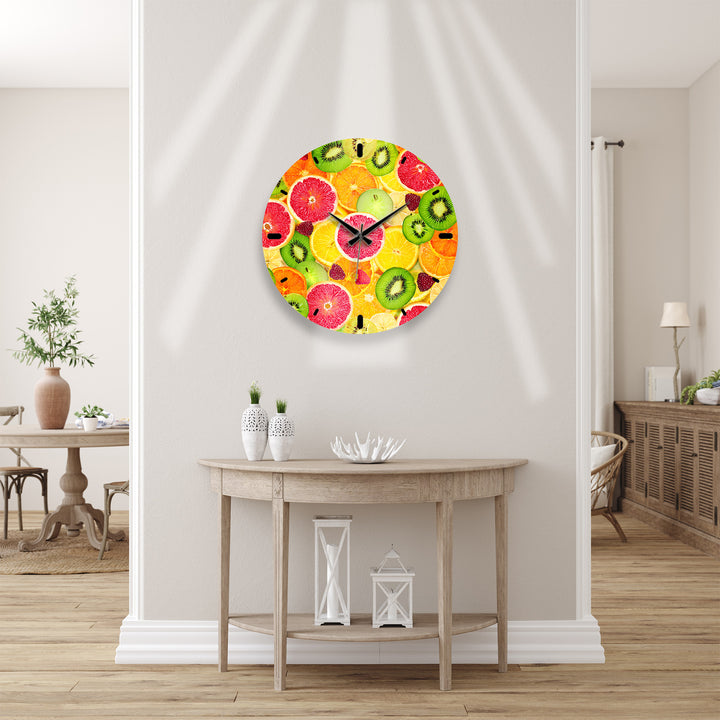 Colorful Fruit Glass Wall Clock – Citrus Kitchen Wall Decor
